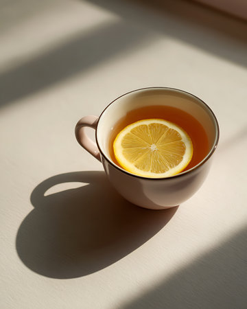 Cup of tea with lemon on white background. Sunlight and shadows.の写真素材
