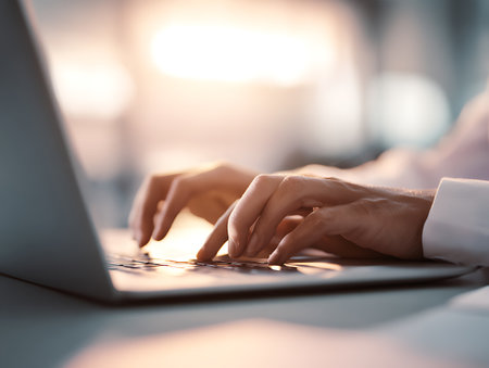 Closeup of businesswoman hands typing on laptop keyboard in office.の写真素材