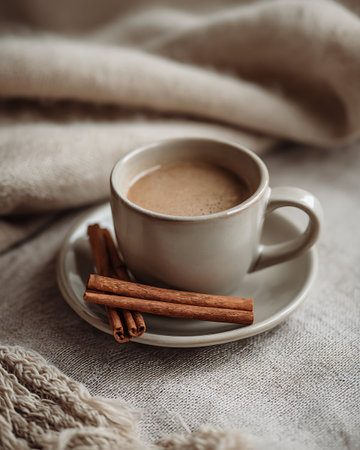 Cup of coffee with cinnamon on a light background. Selective focus.の写真素材