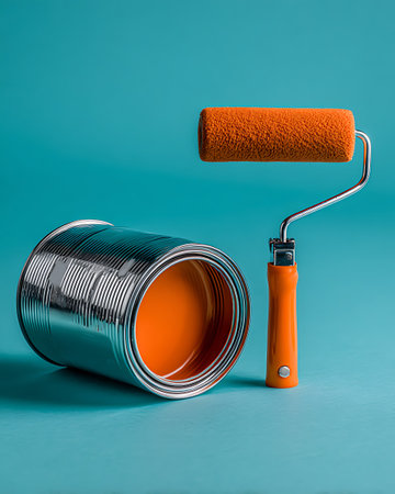 Paint roller and can of orange paint on a blue background.の写真素材