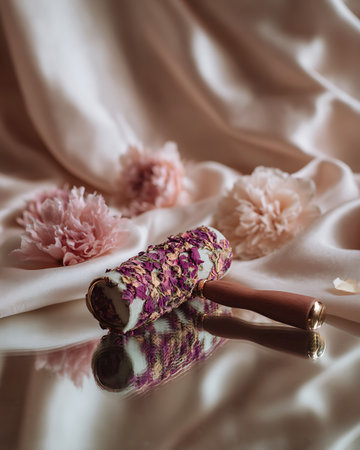 Wedding rings with pink carnation flowers on a silk backgroundの写真素材
