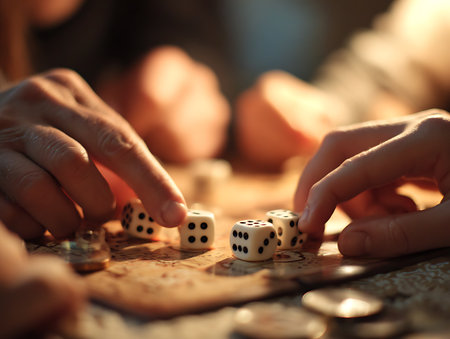 Close-up of people playing board game with dice. Focus on diceの写真素材
