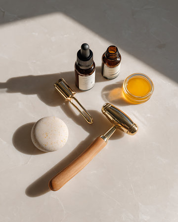 top view of natural jade face roller, serum and massage oille surfaceの写真素材