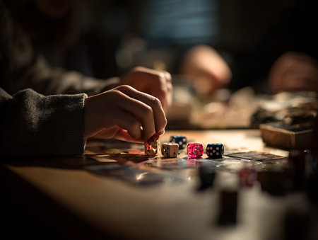 Close up of child playing board game. Selective focus on diceの写真素材