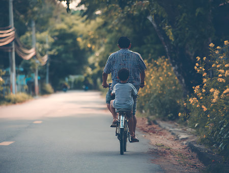 Rear view of father and son riding a bicycle on the roadの写真素材