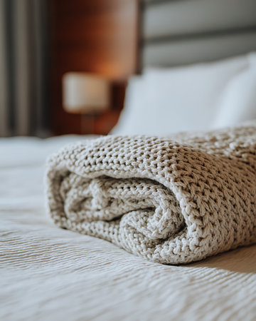 Warm knitted woolen plaid on the bed in the bedroomの写真素材