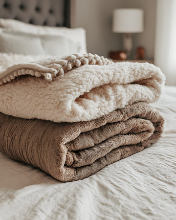 Stack of clean towels on bed in modern bedroom interior, selective focusの写真素材