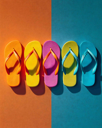Colorful flip flops on a colorful background. Top view.の写真素材