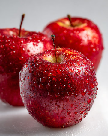 Red apples with water drops on a white background. Close up.の写真素材