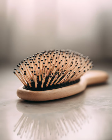 Wooden hairbrush on a gray background. Shallow depth of fieldの写真素材