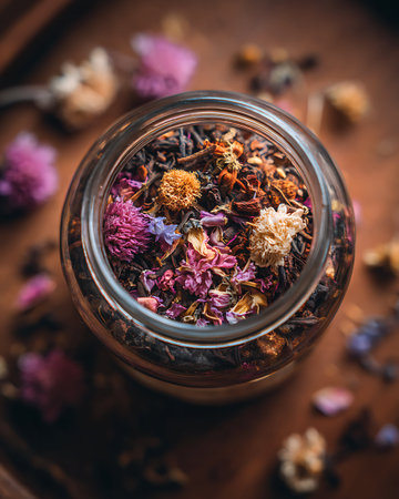 Dried herbal tea in a glass jar on a wooden background.の写真素材