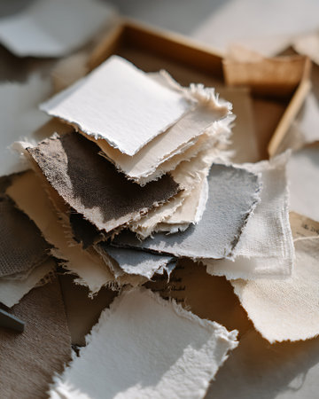 Close-up of pieces of old paper in the craft shop.の写真素材
