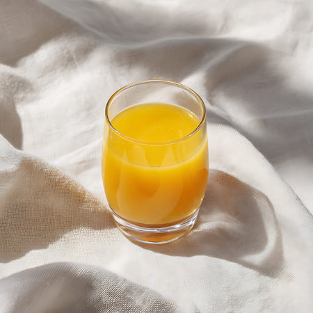 Orange juice in a glass on a white fabric background, top viewの写真素材
