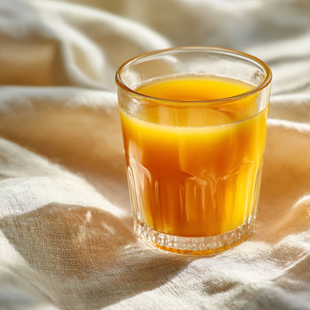 Orange juice in a glass on a light background. Close-up.の写真素材