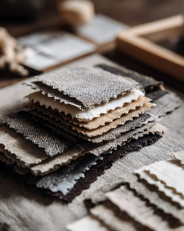 Fabric samples on the table. Selective focus. Shallow depth of field.の写真素材