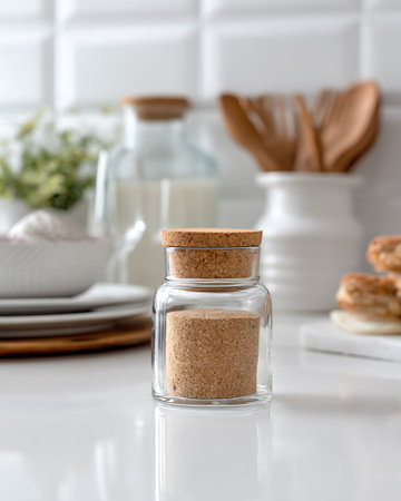 Glass jar with cork stopper on the kitchen countertop.の写真素材