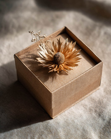 Gift box with dried flower on the table. Selective focus.の写真素材