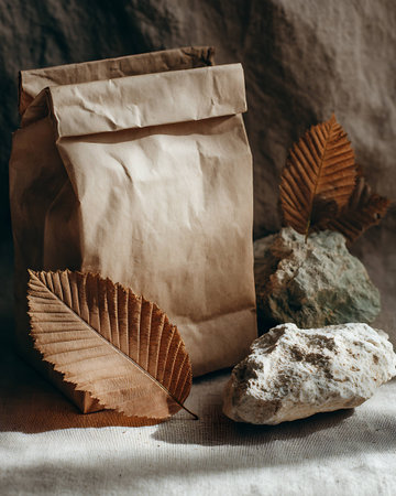 Paper bag with natural stones and dry leaves on a light background.の写真素材