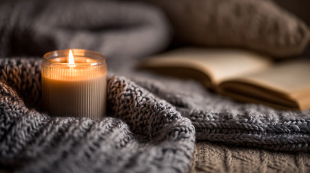 A burning candle on the background of a warm knitted sweater.の写真素材