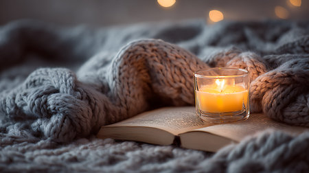A burning candle, a book and a knitted plaid on a dark background.の写真素材