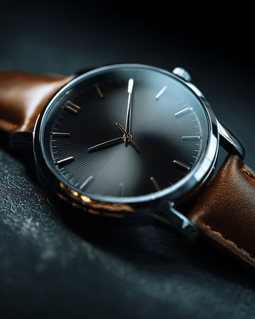 Wristwatch with brown leather strap on a dark background closeupの写真素材
