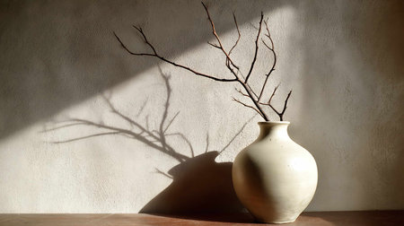 Vase with dried branches on the table against the background of the wallの写真素材