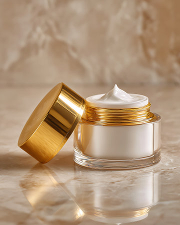 cosmetic cream in a glass jar on a marble background with reflectionの写真素材