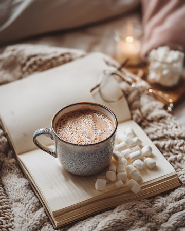 Cup of hot cocoa with marshmallows, book and knitted plaid on bed. Cozy home concept.の写真素材