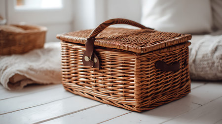Wicker basket on a white wooden floor. Wicker basket with clothes.の写真素材