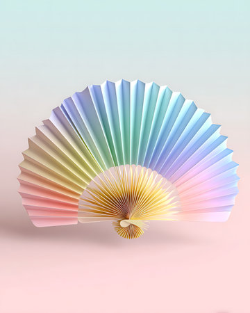 Colorful origami fan on pastel background. 3d renderの写真素材