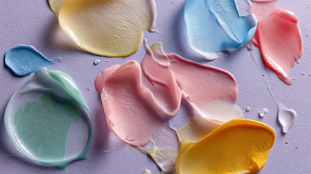 Beautiful makeup samples on color background, closeup. Cosmetic productsの写真素材