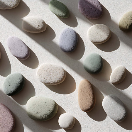 Colorful pebbles on a white background. Flat lay.の写真素材
