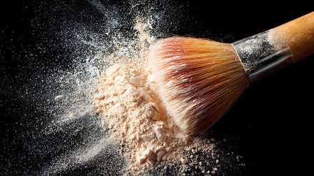 Makeup brush with powder on black background. Make up background.の写真素材