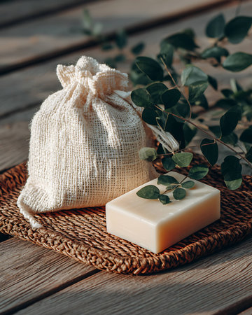 Natural soap with eucalyptus branch on a wooden backgroundの写真素材