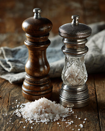 Salt and pepper shakers on a wooden background. Selective focus.の写真素材