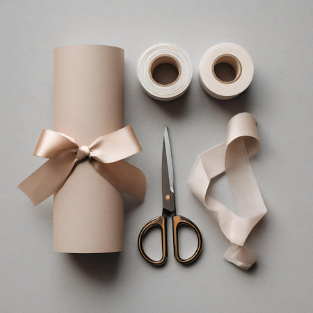 Rolls of satin ribbon, scissors and tape on grey backgroundの写真素材