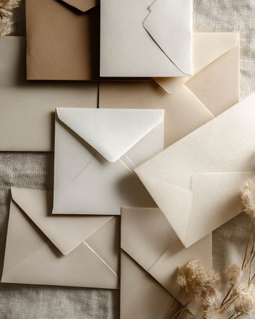 top view of beige envelopes and dried flowers on linen backgroundの写真素材