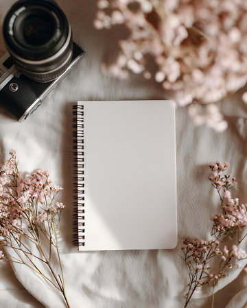Flat lay of blank notebook, camera and flowers on white bedの写真素材
