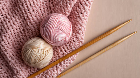 Knitting needles and balls of yarn on light background, top viewの写真素材