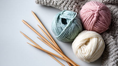 Knitting needles and balls of yarn on white background, closeupの写真素材