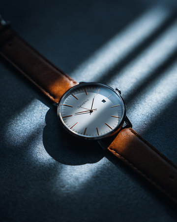 Men's wrist watch with brown leather strap on a dark background.の写真素材