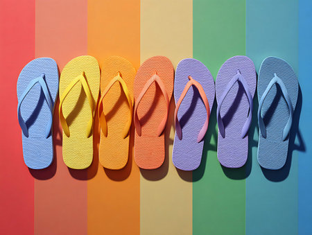 Colorful flip flops on a rainbow background. Top view.の写真素材