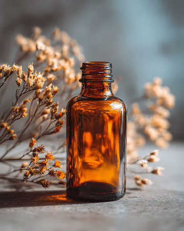 Aromatherapy essential oil in a glass bottle with dry flowersの写真素材