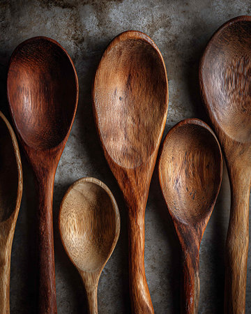 Wooden spoons on rustic background. Kitchen utensils.の素材