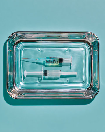 Syringes in a transparent tray on a blue background, top viewの写真素材