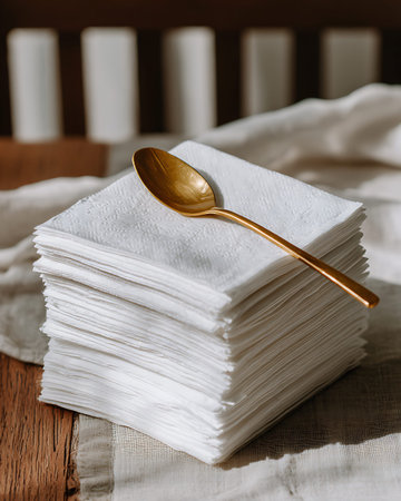 Stack of white napkins with a golden spoon on a wooden tableの写真素材