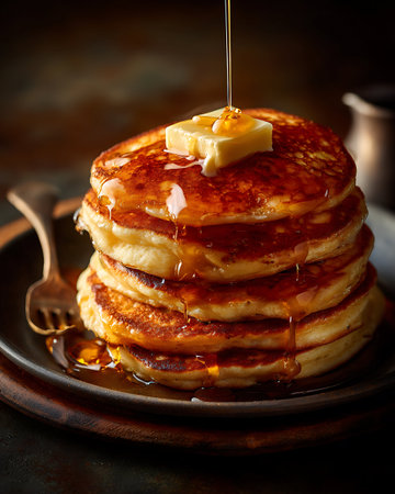 Pancakes with honey and butter on a dark background, selective focusの写真素材