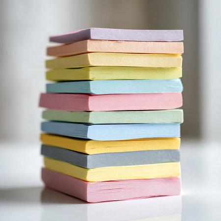 Stack of colorful sticky notes on white background. Back to school concept.の写真素材