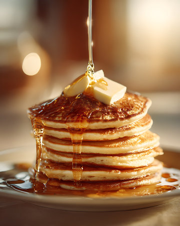 Pancakes with butter and honey on a plate, closeupの写真素材
