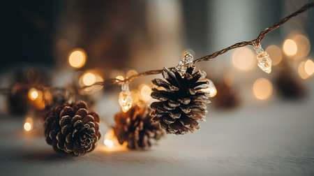 Christmas background with pine cones, garland lights and bokehの写真素材